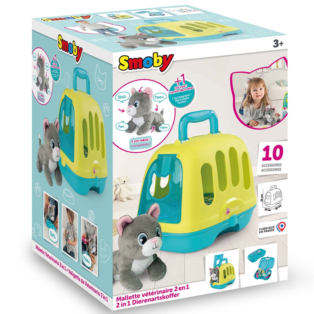 Set Smoby Veterinary Case, trusa veterinar cu pisica, cusca de transport si accesorii